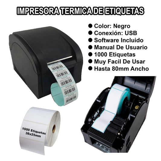 Impresora De Etiquetas Térmica Codigos De Barras + 1 Rollo De 1000 Etiquetas 38x25mm